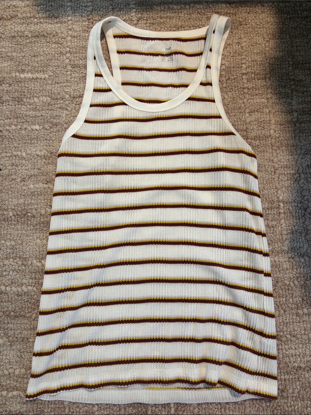 Aerie Women’s White Ribbed Tank Top with Brown and Yellow Stripe